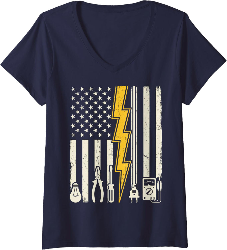 Women's Electrician American US Flag Electrical Tools Lightning Tee V-Neck T-Shirt - Navy Blue
