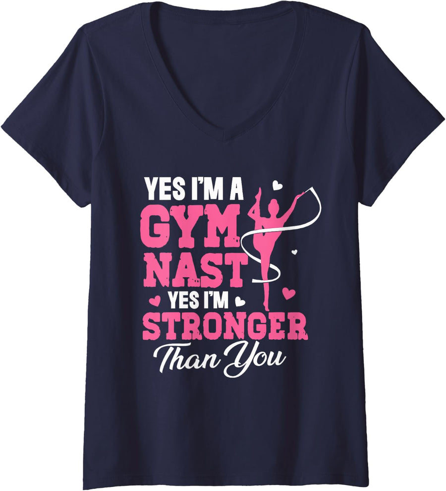 Women's Yes Im A Gymnast Yes Im Stronger Than You Funny Gymnastics V-Neck T-Shirt - Navy Blue