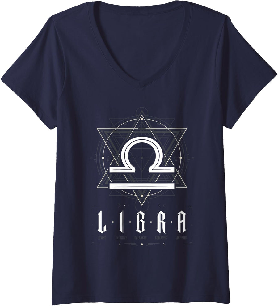 Women's Libra Zodiac Sign Astrology Horoscope Astrological Symbol V-Neck T-Shirt - Navy Blue