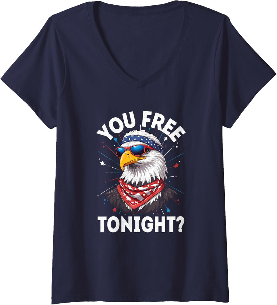 Womens You Free Tonight Eagle 4th Of July Patriotic Bald Eagle V-Neck T-Shirt - Navy Blue