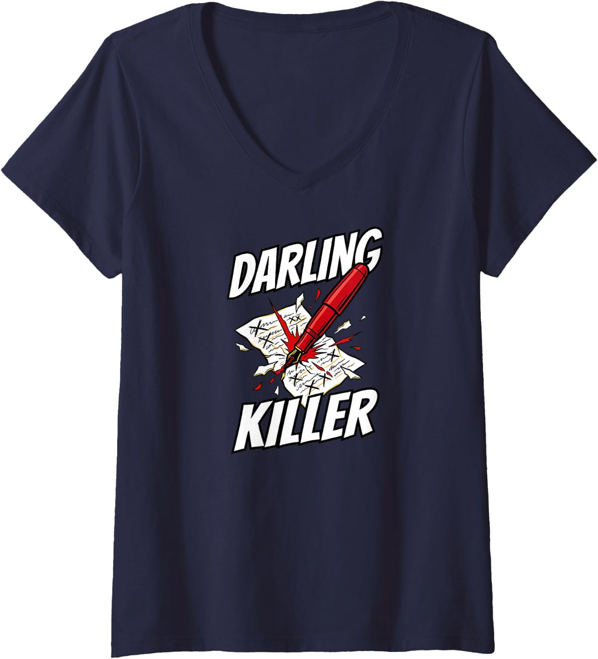 Women's Writer Author Darling Killer Editing V-Neck T-Shirt - Navy Blue