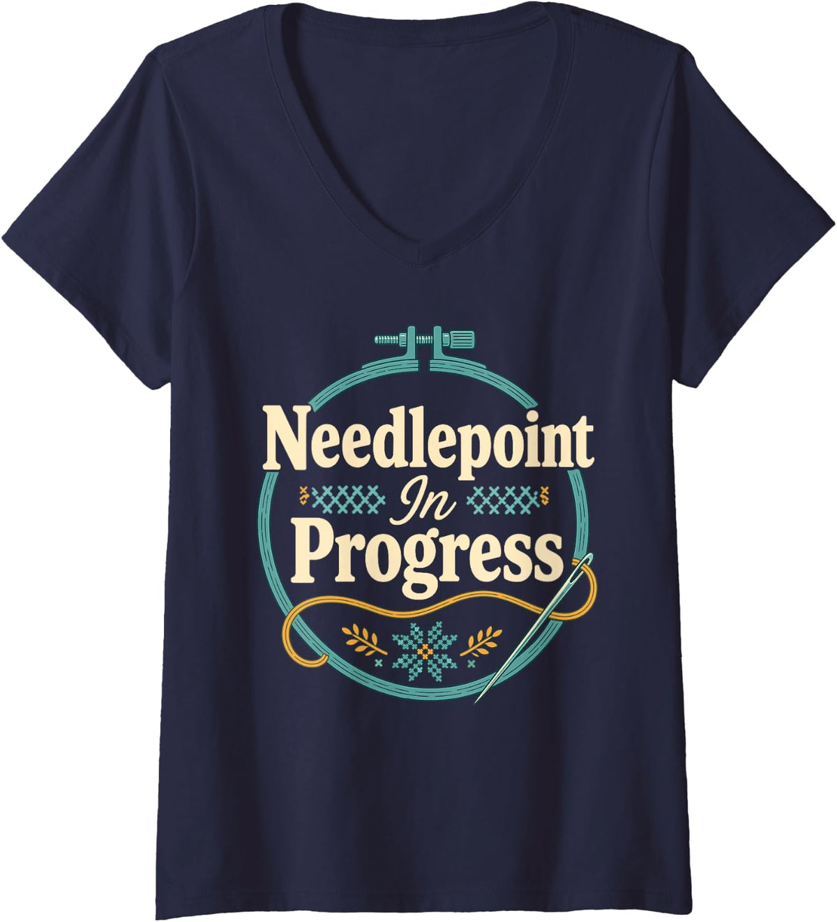 Women's Needlepoint in Progress Embroidery Hoop Stitching Needle V-Neck T-Shirt - Navy Blue