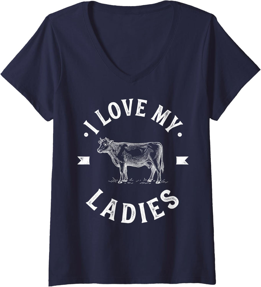 Women's I Love My Ladies Cow Milk Farm Animals Farm Farmer Farming V-Neck T-Shirt - Navy Blue