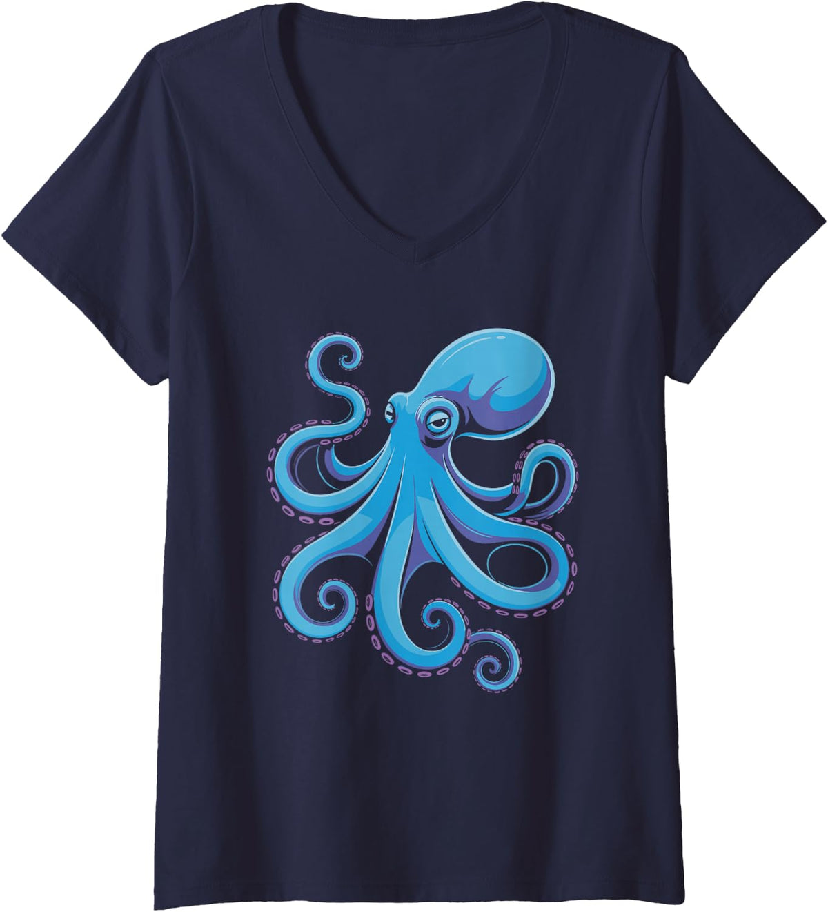 Women's Vivid Blue Octopus Nautical Artwork V-Neck T-Shirt - Navy Blue
