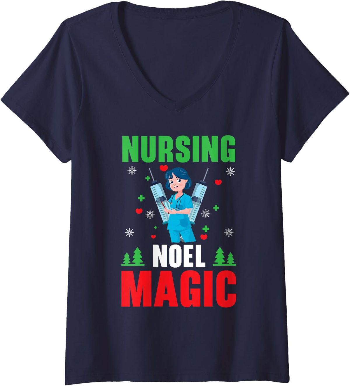 Women's Nursing Noel Magic Nursing Medical Nurse Christmas V-Neck T-Shirt - Navy Blue