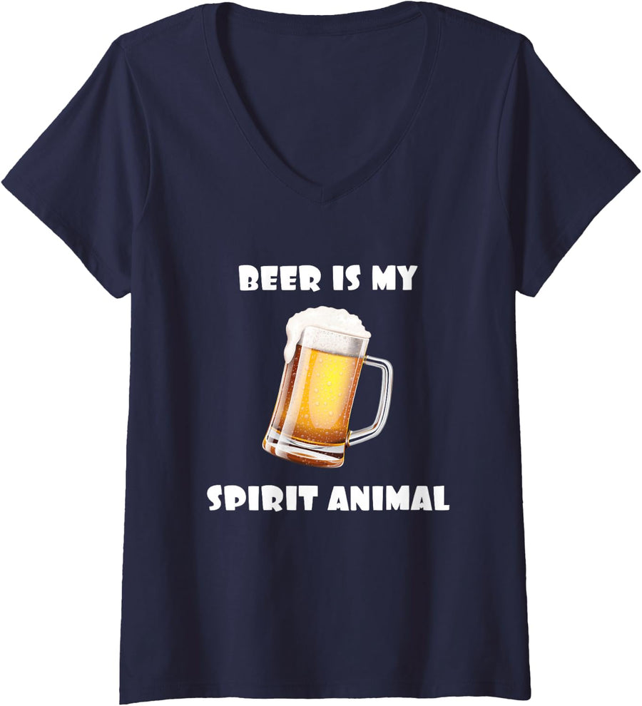 Women's Beer is My Spirit Animal Bar Drinking V-Neck T-Shirt - Navy Blue