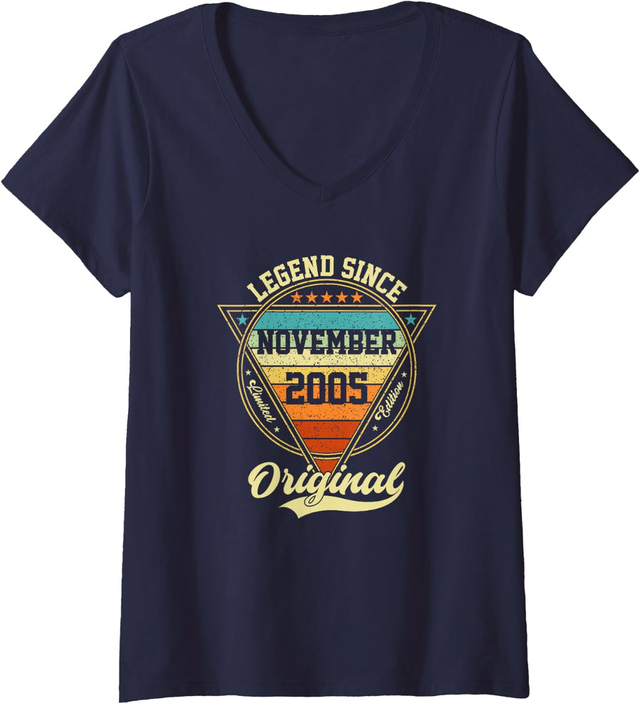 Women's Vintage 21st Birthday Legend Since November 2005 V-Neck T-Shirt - Navy Blue