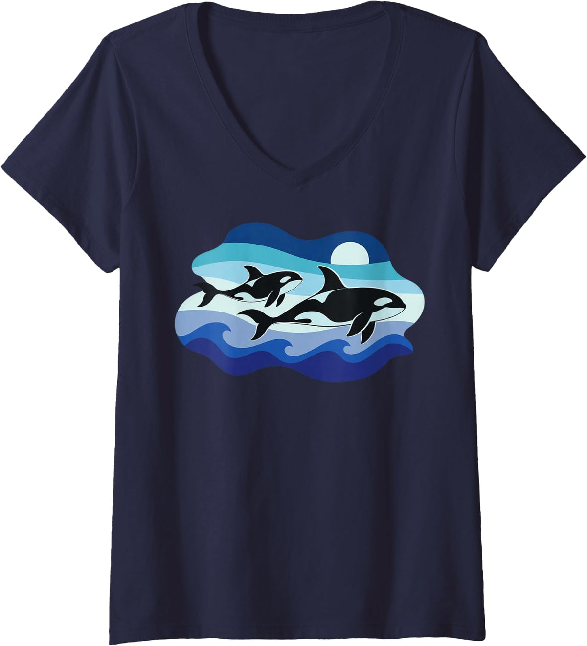 Women's Retro Orca Killer Whale Ocean Surf Wave V-Neck T-Shirt - Navy Blue