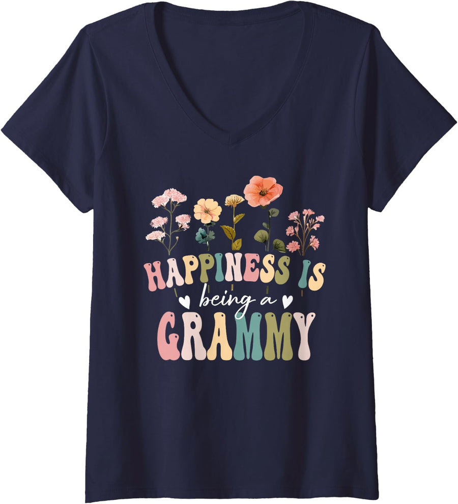 Womens Happiness is Being a Grammy Floral Grammy Mother's Day V-Neck T-Shirt - Navy Blue
