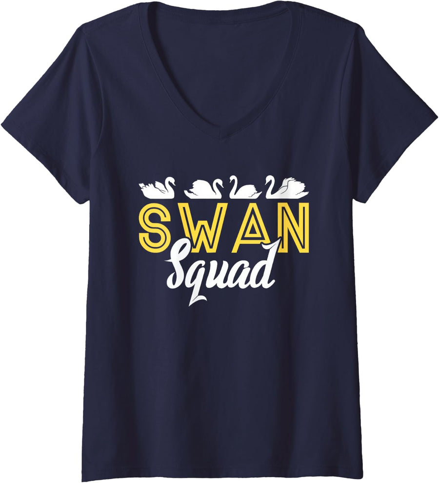 Womens Swan Squad | Water Birds | Swans Lover V-Neck T-Shirt - Navy Blue