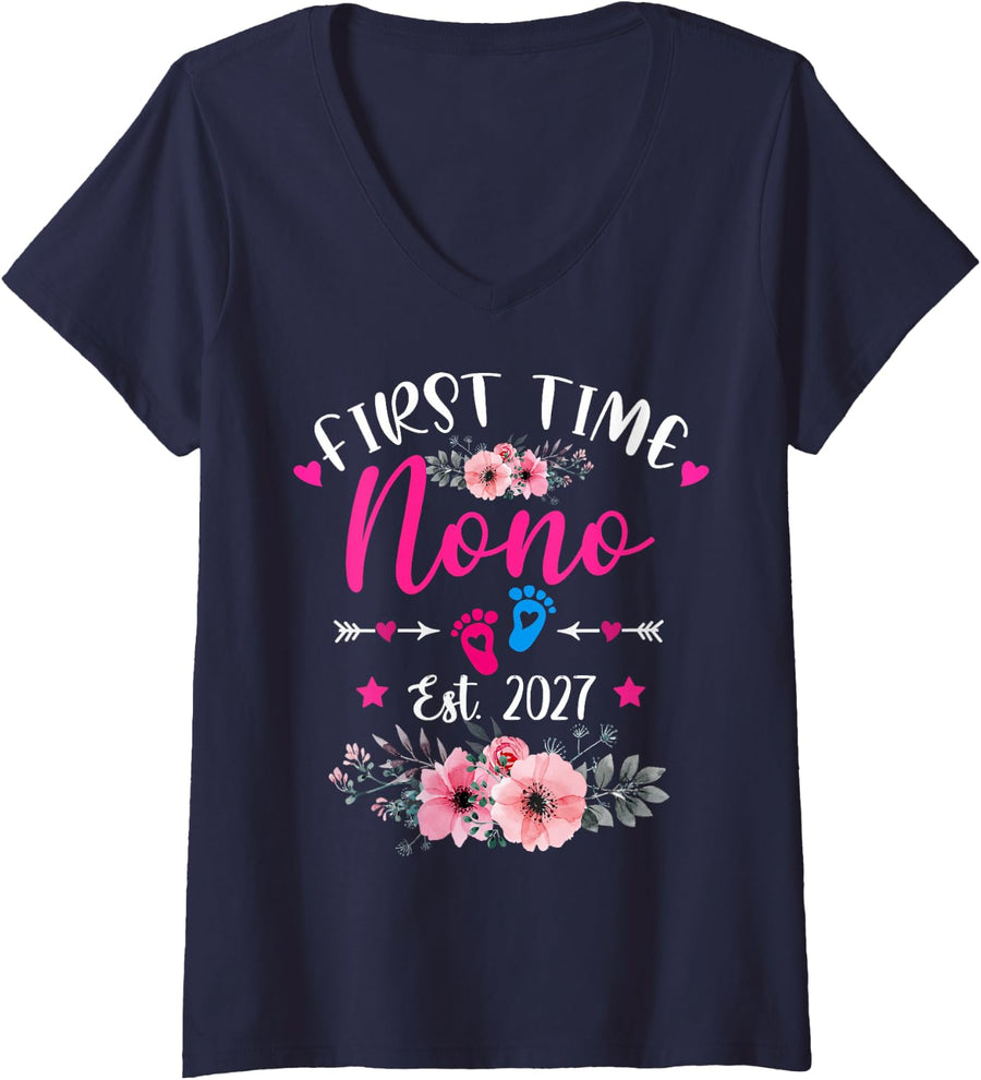 Women's First Time NONO Est 2027 Soon to Be Mom Mother's Heart V-Neck T-Shirt - Navy Blue
