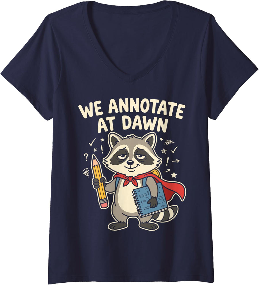 Women's Funny We Annotate At Dawn Raccoon Book English Teacher V-Neck T-Shirt - Navy Blue