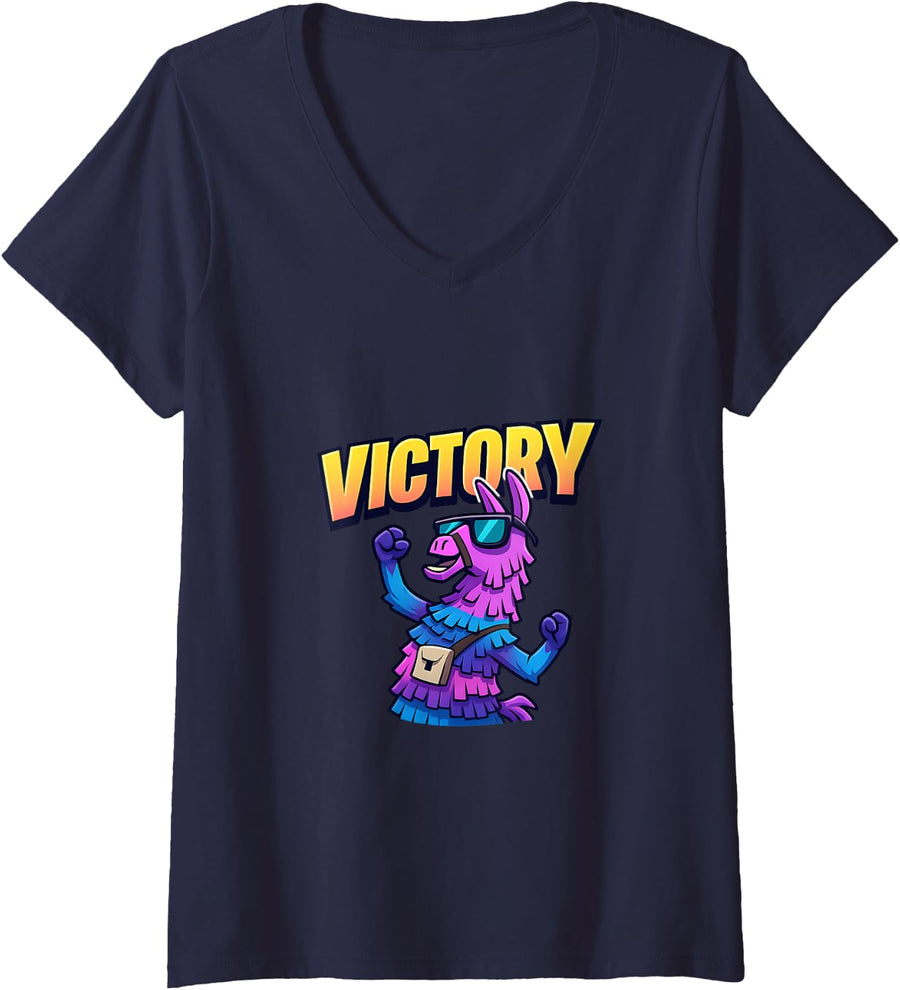 Womens Gaming Victory Llama V-Neck T-Shirt - Navy Blue