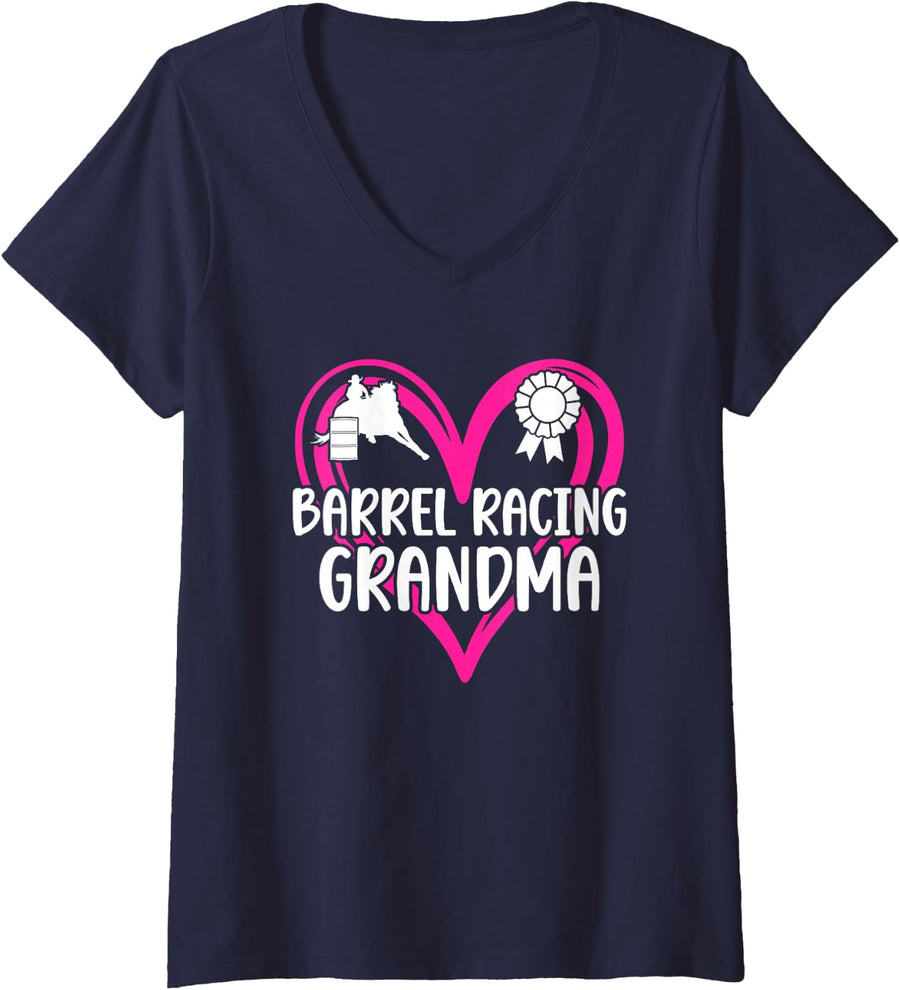 Women's Barrel Racing Grandma Heart Barrel Racer Grandmother V-Neck T-Shirt - Navy Blue