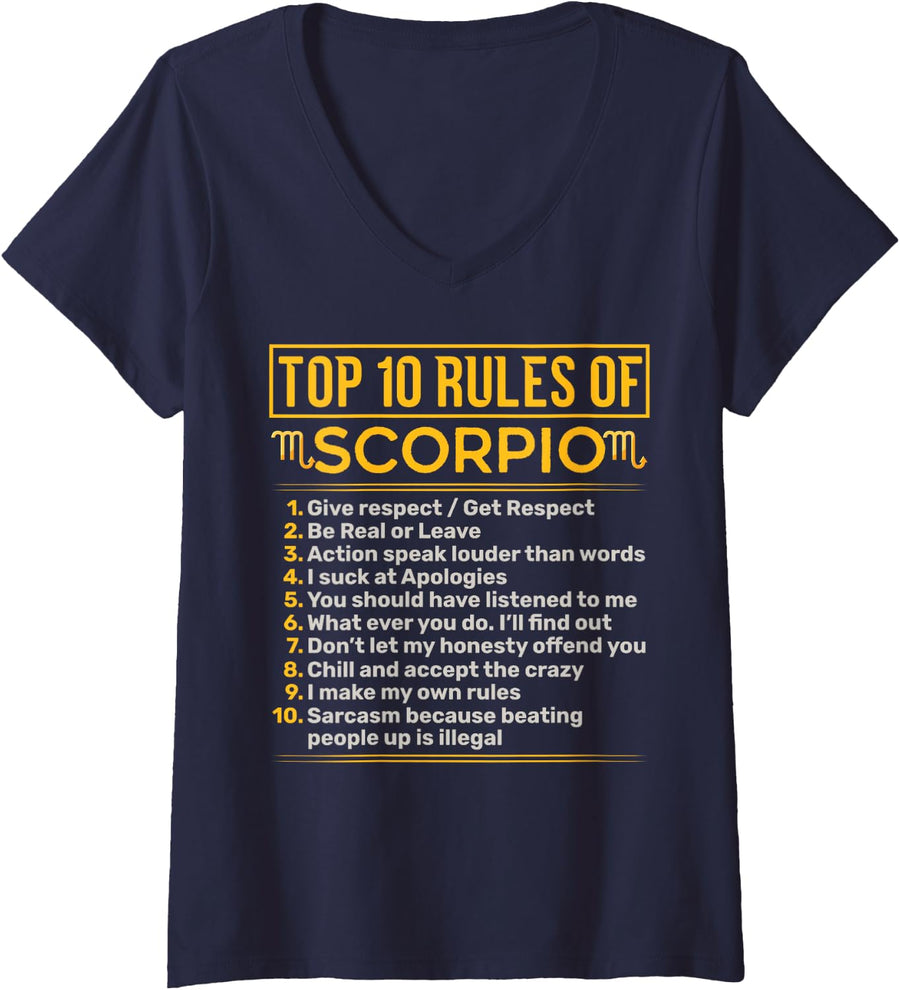 Womens Top 10 Rules of Scorpio Scorpion Astrology Sign Birthday V-Neck T-Shirt - Navy Blue