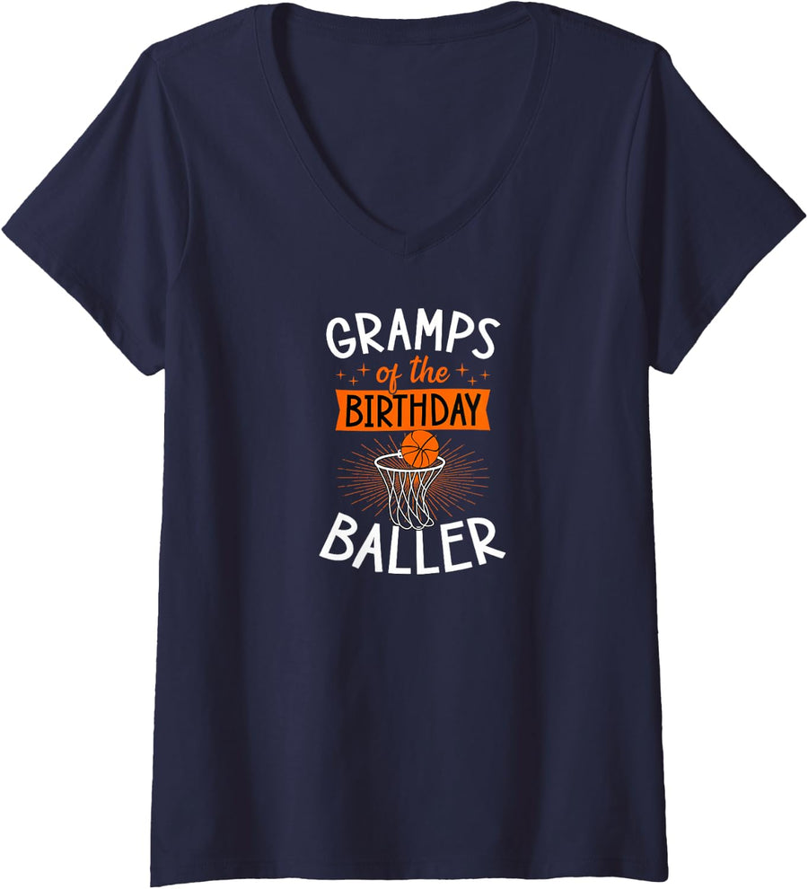 Women's Gramps of The Birthday Baller Matching Basketball Family V-Neck T-Shirt - Navy Blue