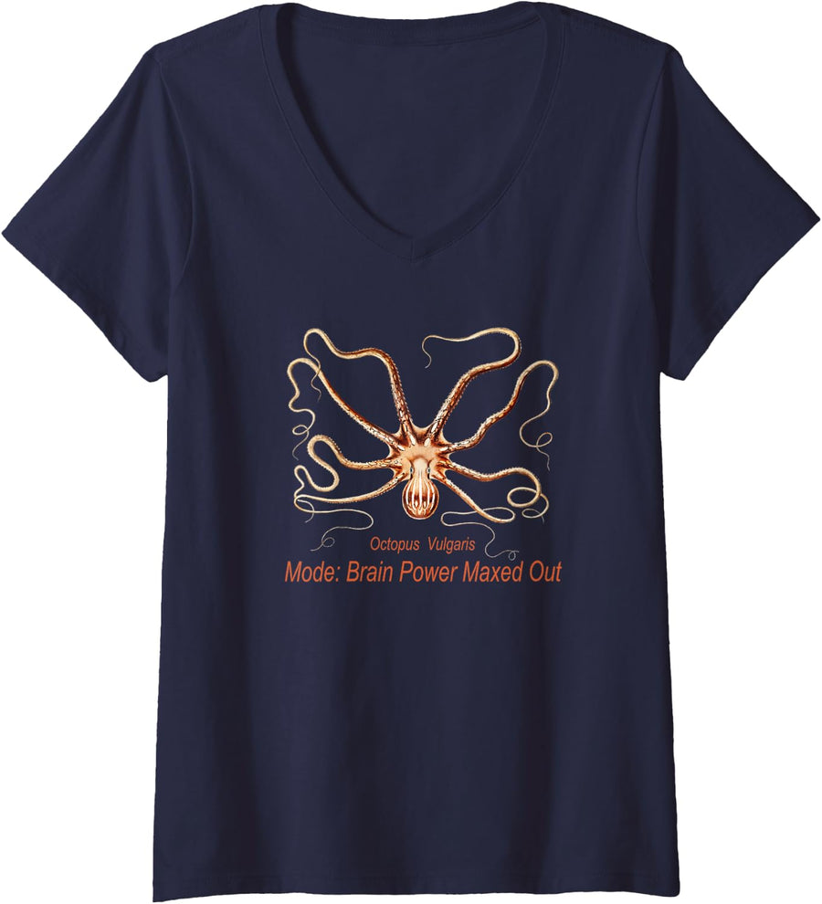Women's Vintage Octopus Graphic Witty Brain Power V-Neck T-Shirt - Navy Blue