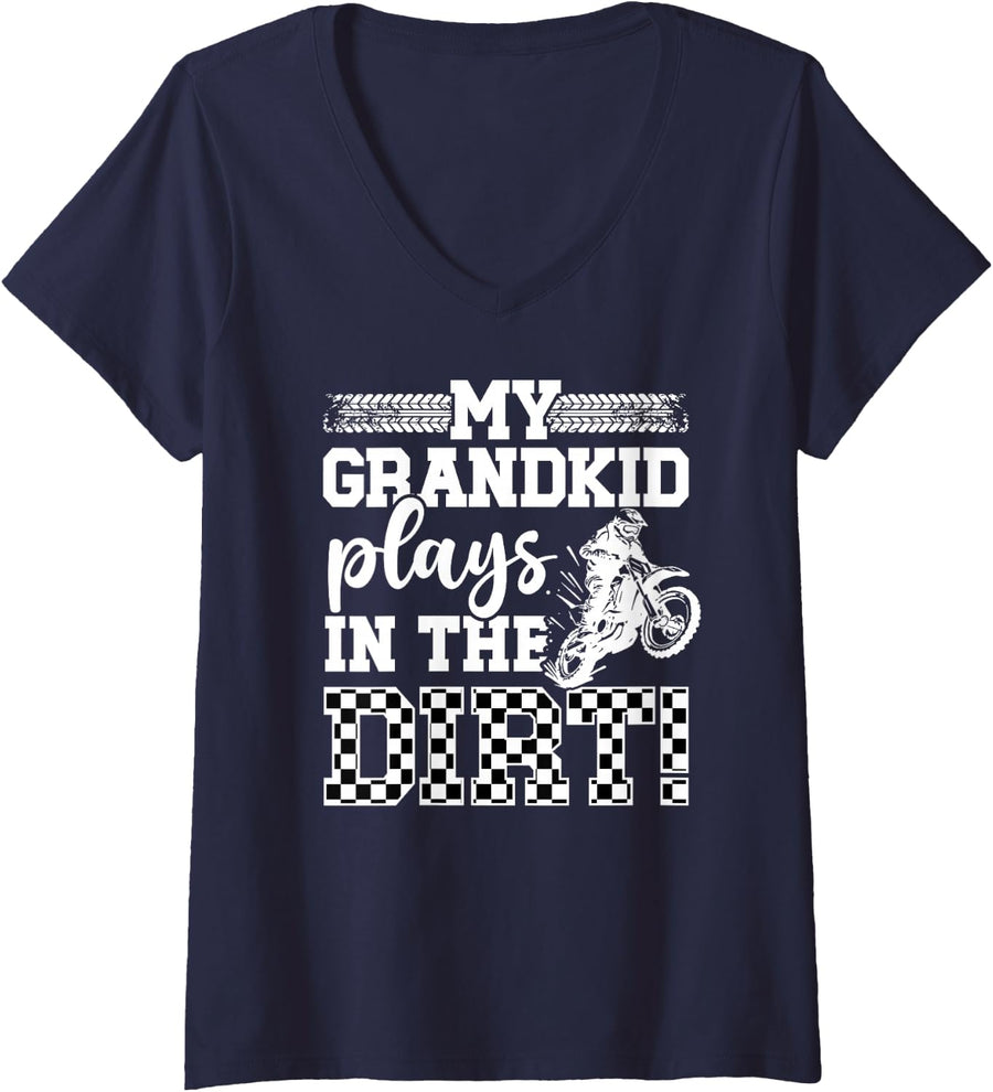 Women's Dirt Bike Grandma Funny Grandma of A Dirt Biker Grandmother V-Neck T-Shirt - Navy Blue