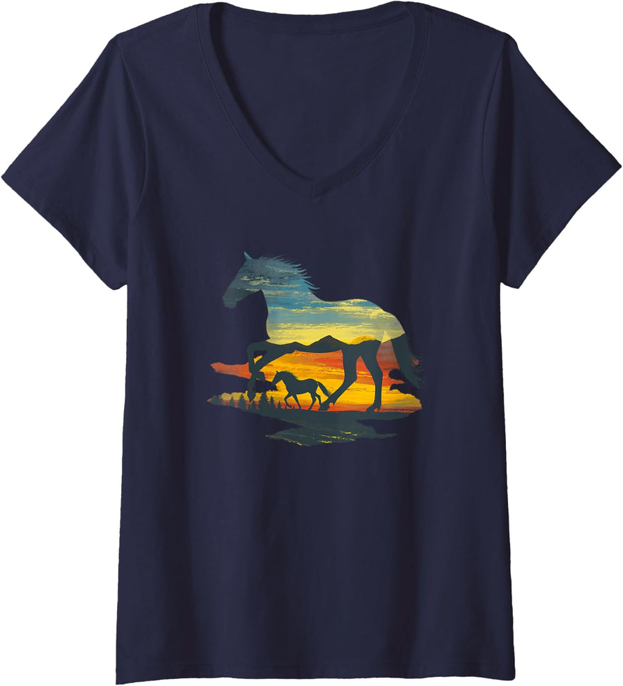 Women's Running Horse Sunset Desert Wild Horse Lover V-Neck T-Shirt - Navy Blue
