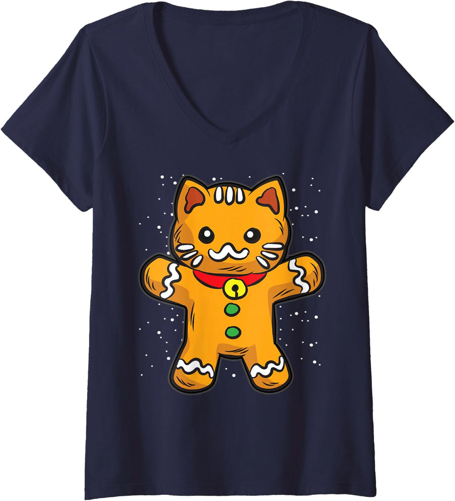 Women's Gingerbread Cat | Christmas Cookies Cats Love V-Neck T-Shirt - Navy Blue