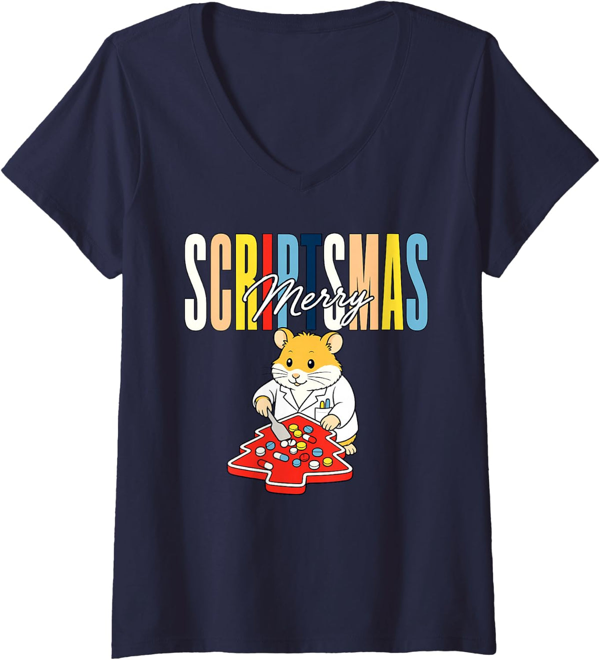 Women's Merry Scriptsmas Pharmacist Christmas Pharmacy V-Neck T-Shirt - Navy Blue