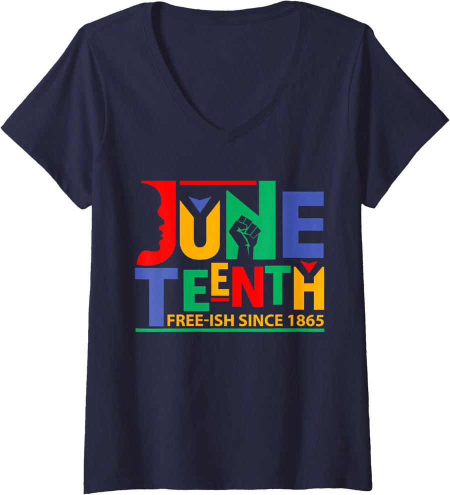 Women's Juneteenth 1865 Pride Celebration Free-ish Women Men Gifts V-Neck T-Shirt - Navy Blue