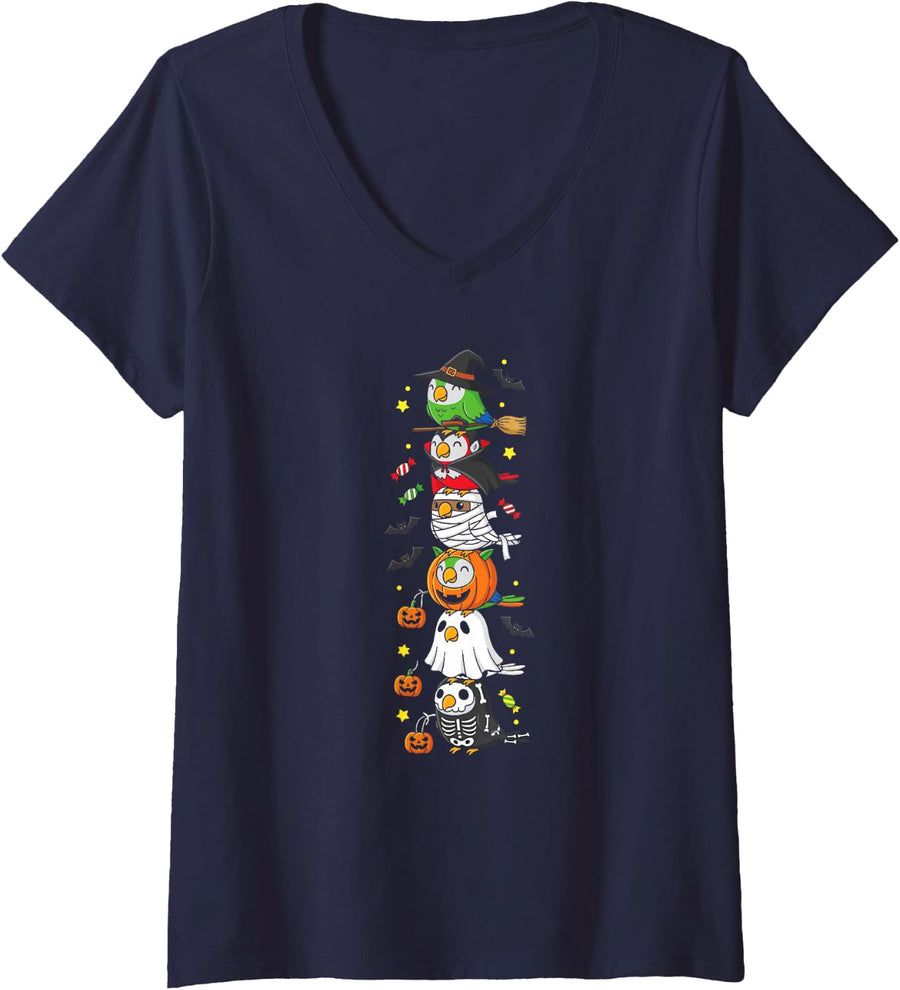 Women's Funny Parrot Witch Vampire Ghost Halloween Children Men Women V-Neck T-Shirt - Navy Blue