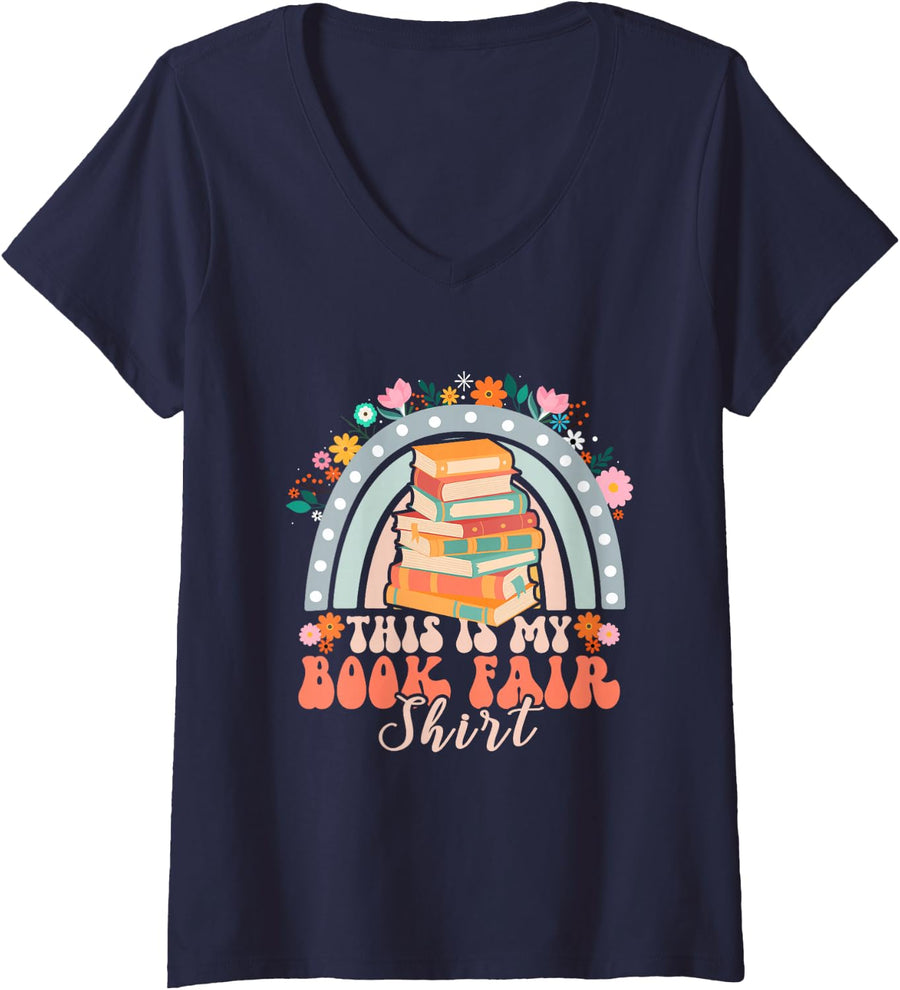 Women's Book Fair Reading Library Flower V-Neck T-Shirt - Navy Blue