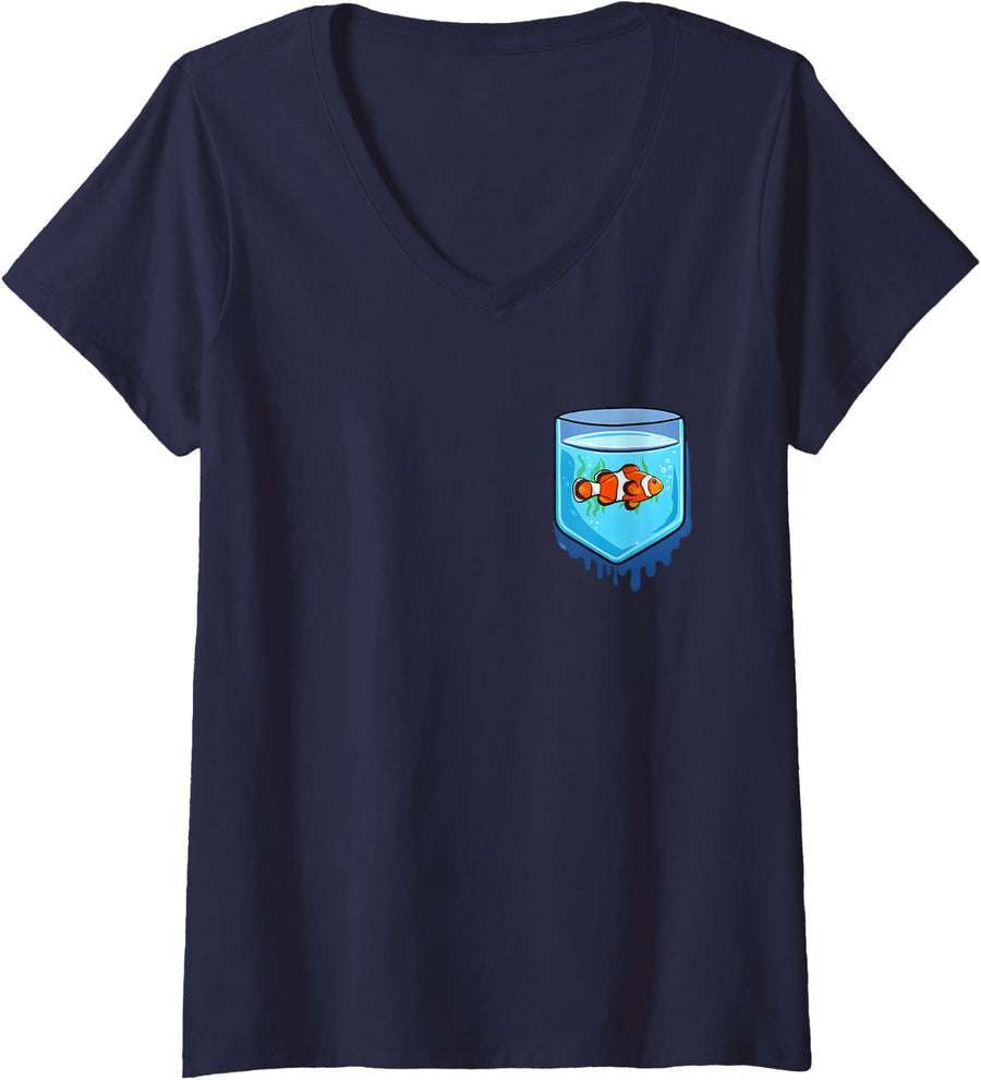 Women's Cute Clownfish Pocket Aquarium Fish Lover V-Neck T-Shirt - Navy Blue