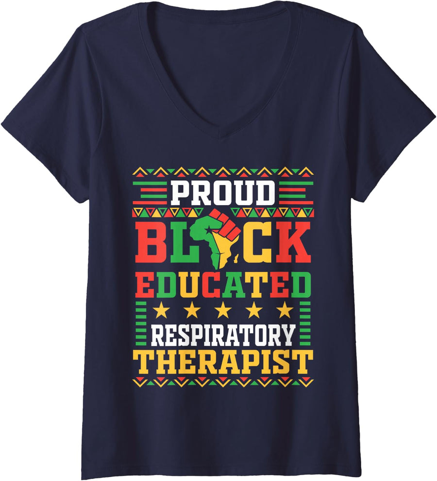 Women's Proud Black Educated Respiratory Therapist Afro Juneteenth V-Neck T-Shirt - Navy Blue
