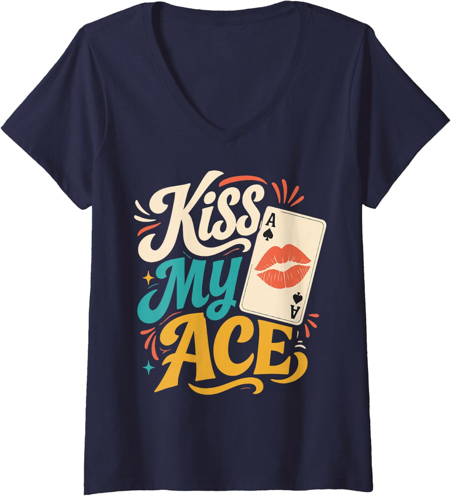 Women's Texas Hold'em Casino Funny Poker Player V-Neck T-Shirt - Navy Blue