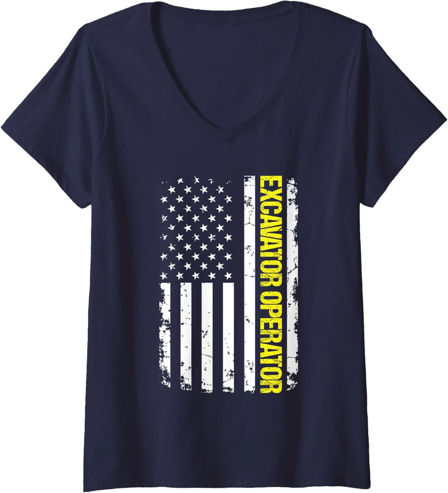 Women's Excavator Operator USA Flag V-Neck T-Shirt - Navy Blue