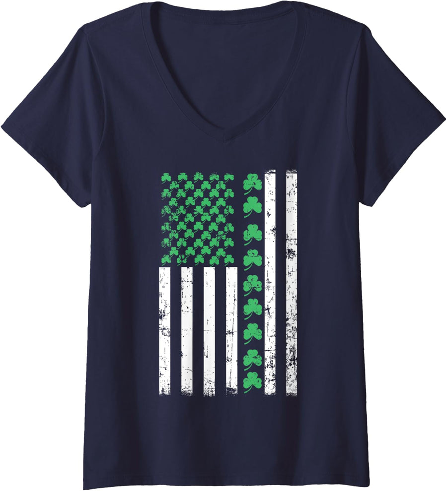 Womens American Flag Shamrocks St Patricks Day Vintage Irish USA V-Neck T-Shirt - Navy Blue
