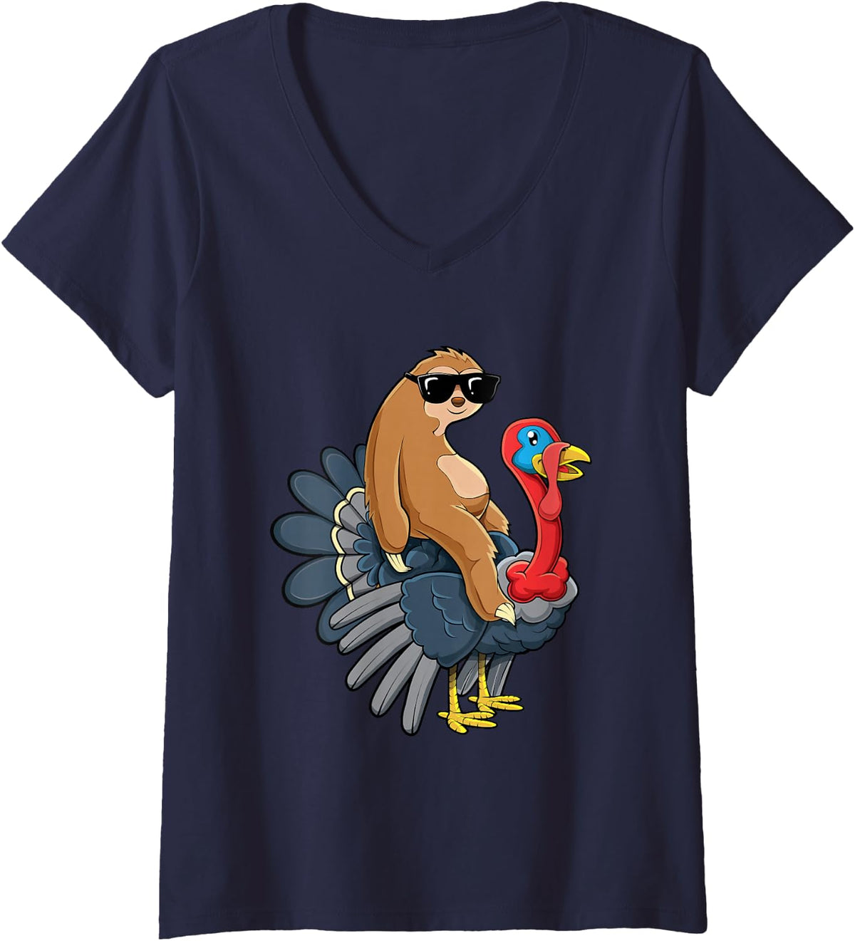 Women's Cute Sloth Riding Turkey Funny Thanksgiving Humor Gift V-Neck T-Shirt - Navy Blue