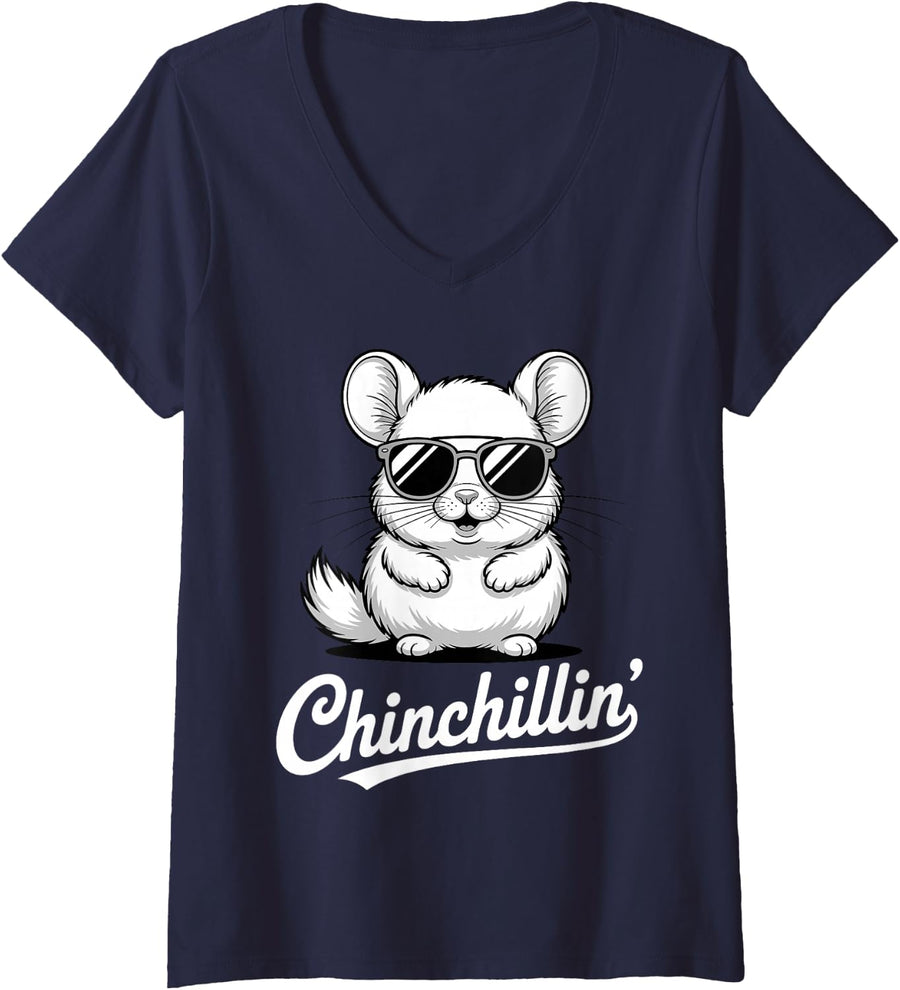 Women's Funny Chinchilla Art for Men Women Kids Chinchilla Lover V-Neck T-Shirt - Navy Blue