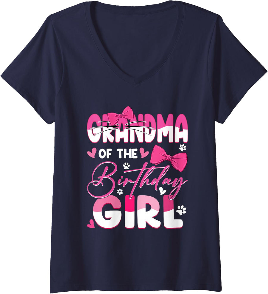 Women's Grandma Of The Birthday Girl Cat Kitty Family Matching V-Neck T-Shirt - Navy Blue