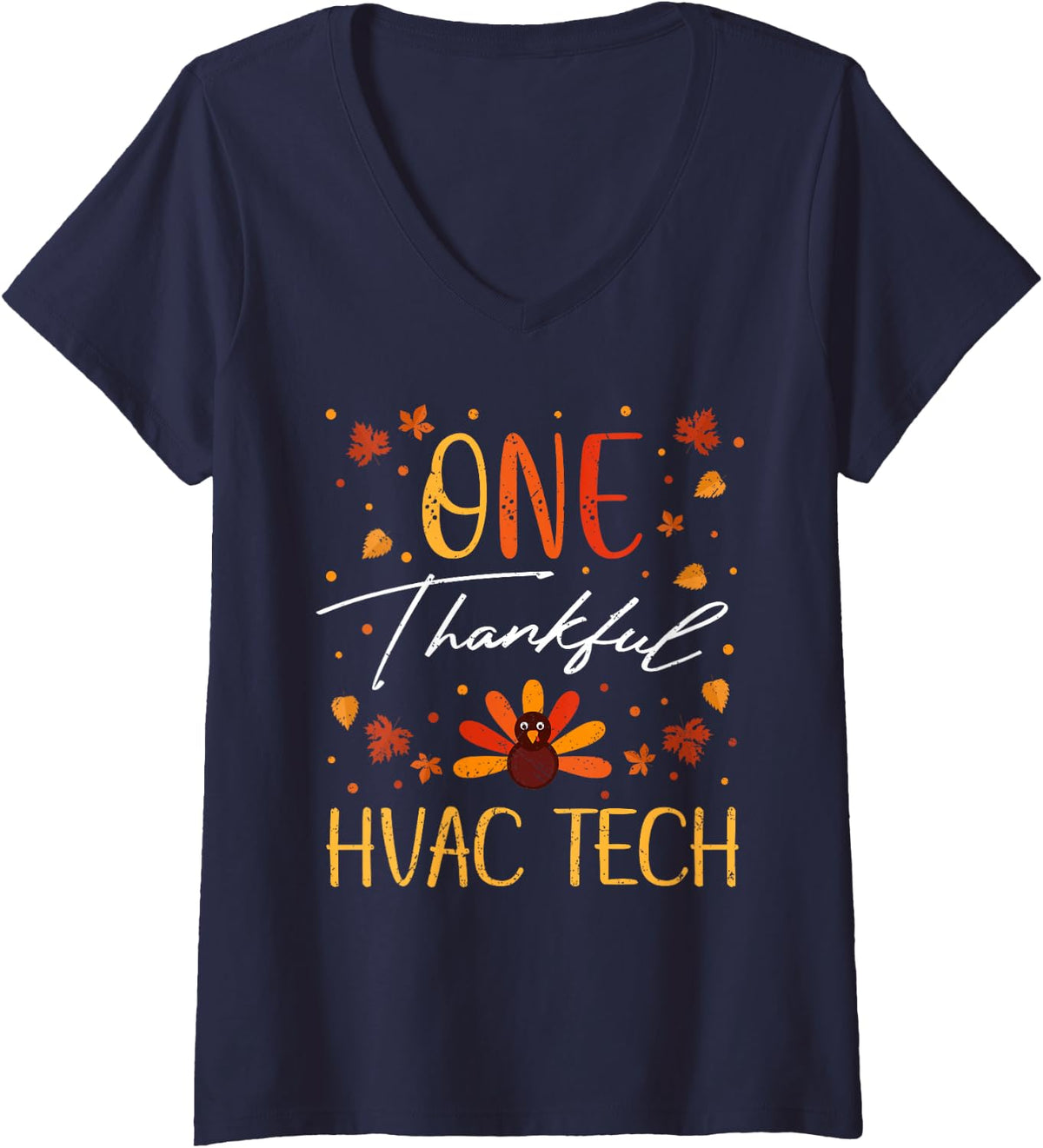Women's One Thankful HVAC Tech Thanksgiving Vintage Fall V-Neck T-Shirt - Navy Blue
