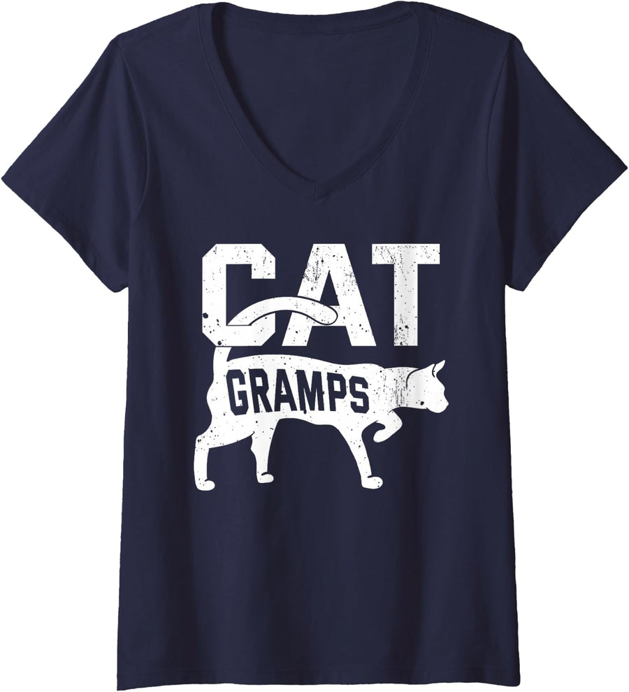 Women's Cat Gramps Kitten Pet Owner Meow Father's Day V-Neck T-Shirt - Navy Blue