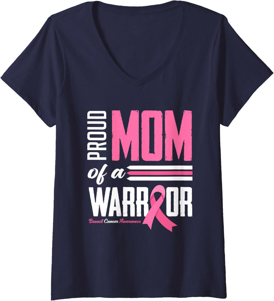 Womens Proud Mom Of A Warrior Daughter Breast Cancer Awareness V-Neck T-Shirt - Navy Blue