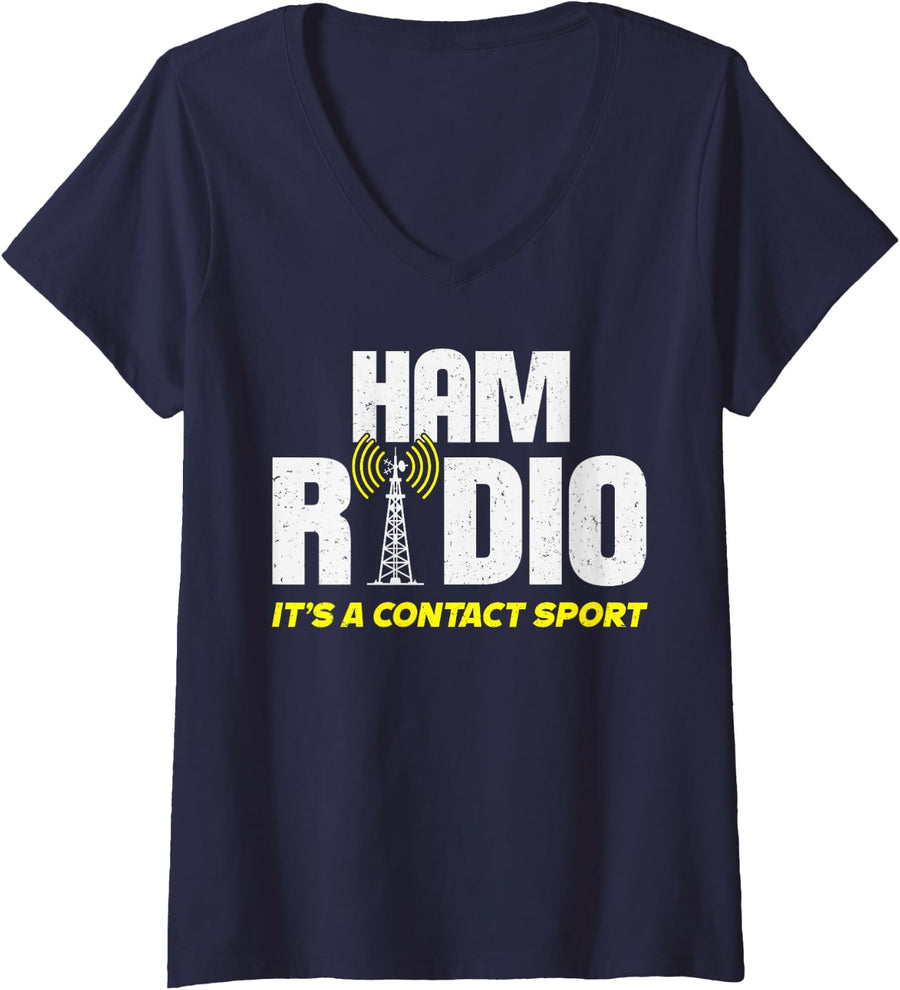 Women's Funny Ham Radio It's a Contact Sport Amateur Radio Humor V-Neck T-Shirt - Navy Blue