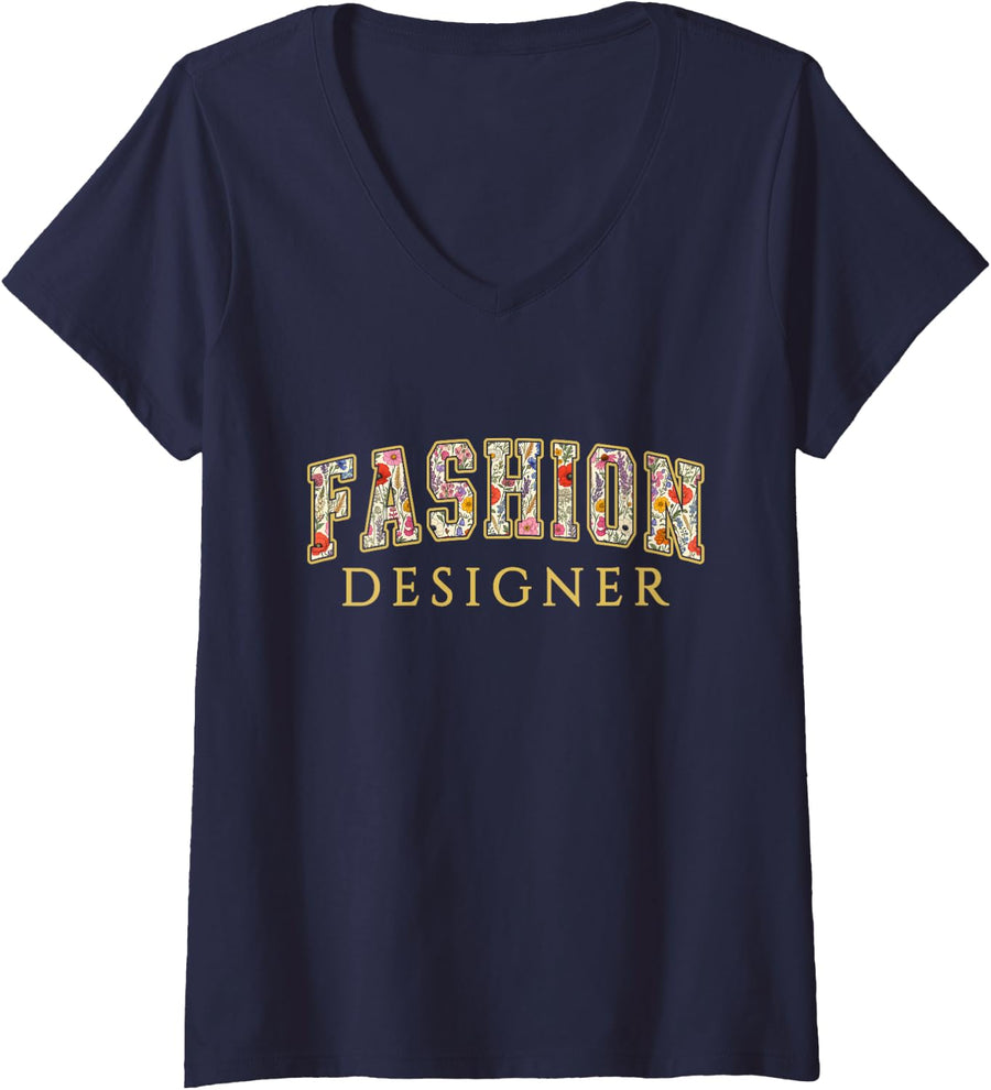 Women's Fashion Designer Wildflower Varsity Letters Stylist V-Neck T-Shirt - Navy Blue