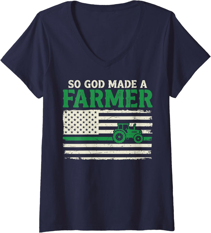 Women's US American Flag Tractor So God Made a Farmer Farm Farming V-Neck T-Shirt - Navy Blue
