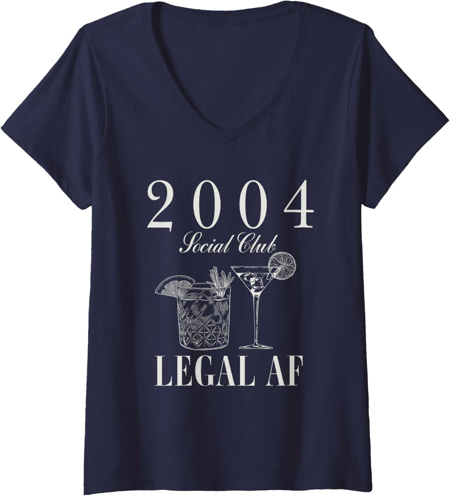 Women's Vintage Finally Legal 21st Birthday Cocktail Drink Graphic V-Neck T-Shirt - Navy Blue
