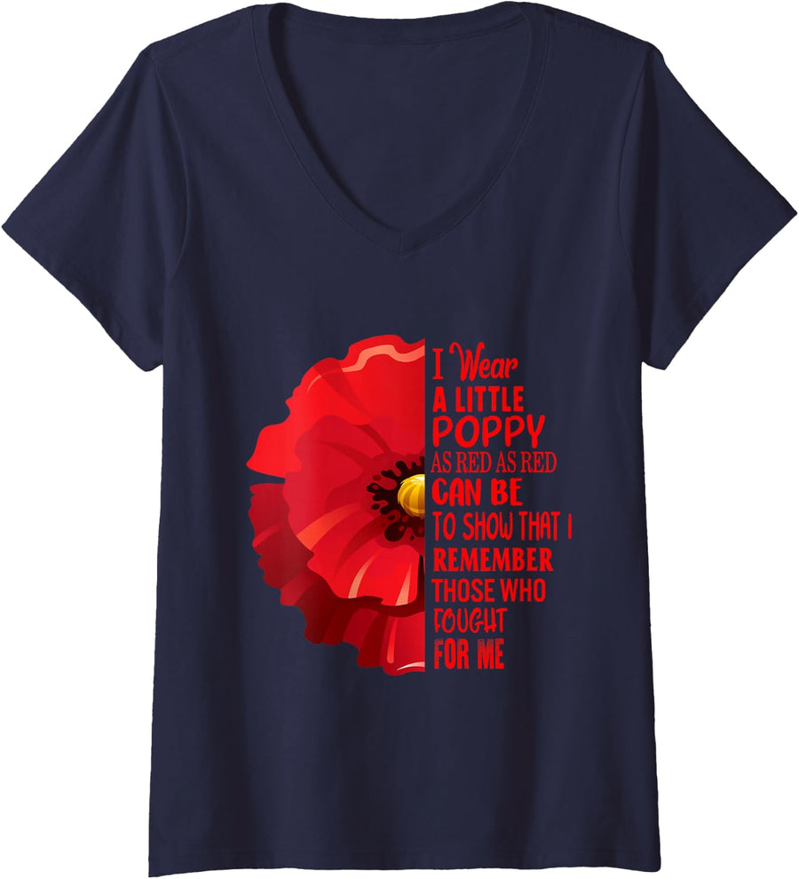 Womens Veterans Day Lest We Forget Red Poppy Flower USA Memorial V-Neck T-Shirt - Navy Blue
