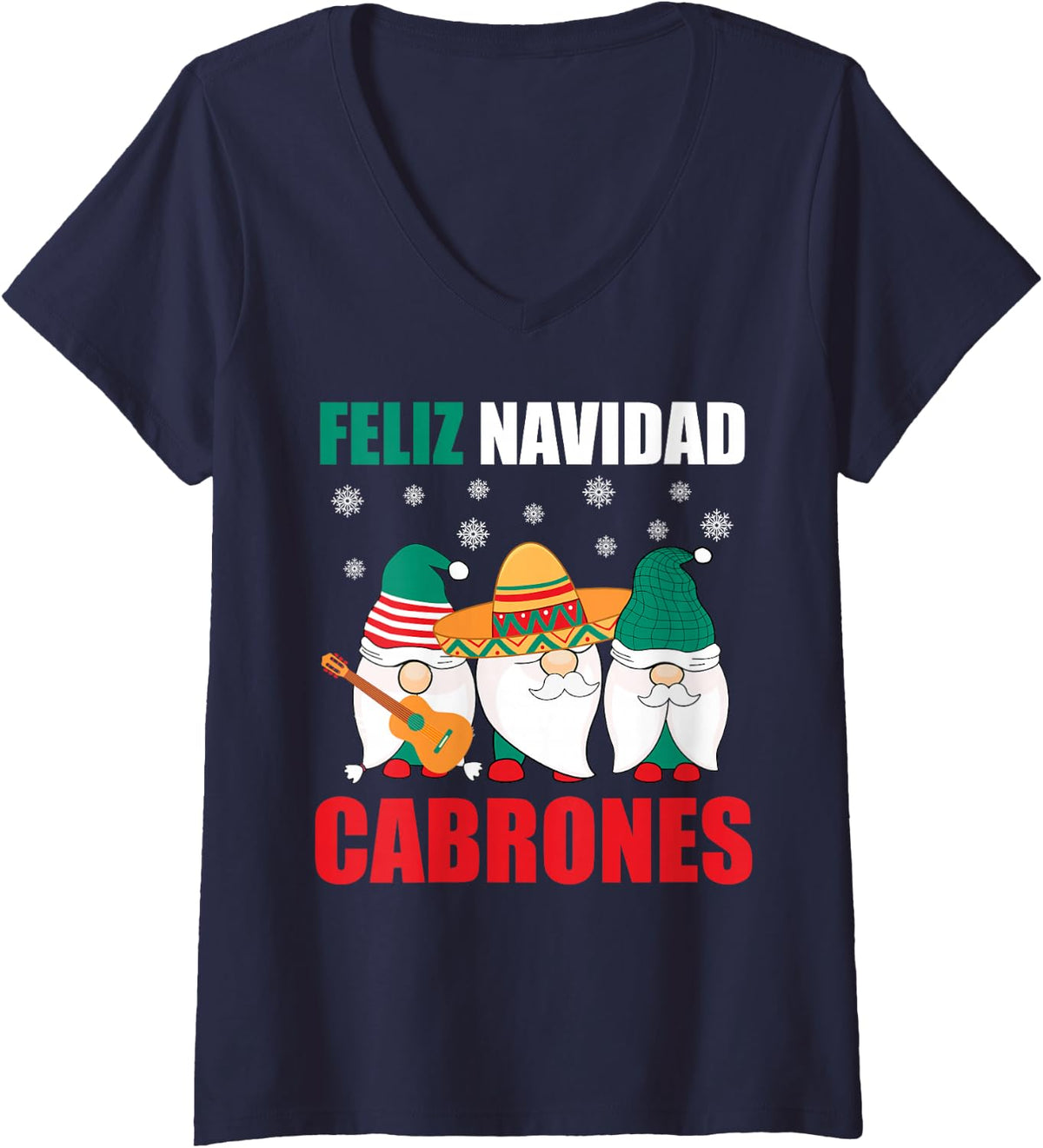 Women's Funny Mexican Christmas Gnomes Feliz Navidad Cabrones Mexico V-Neck T-Shirt - Navy Blue
