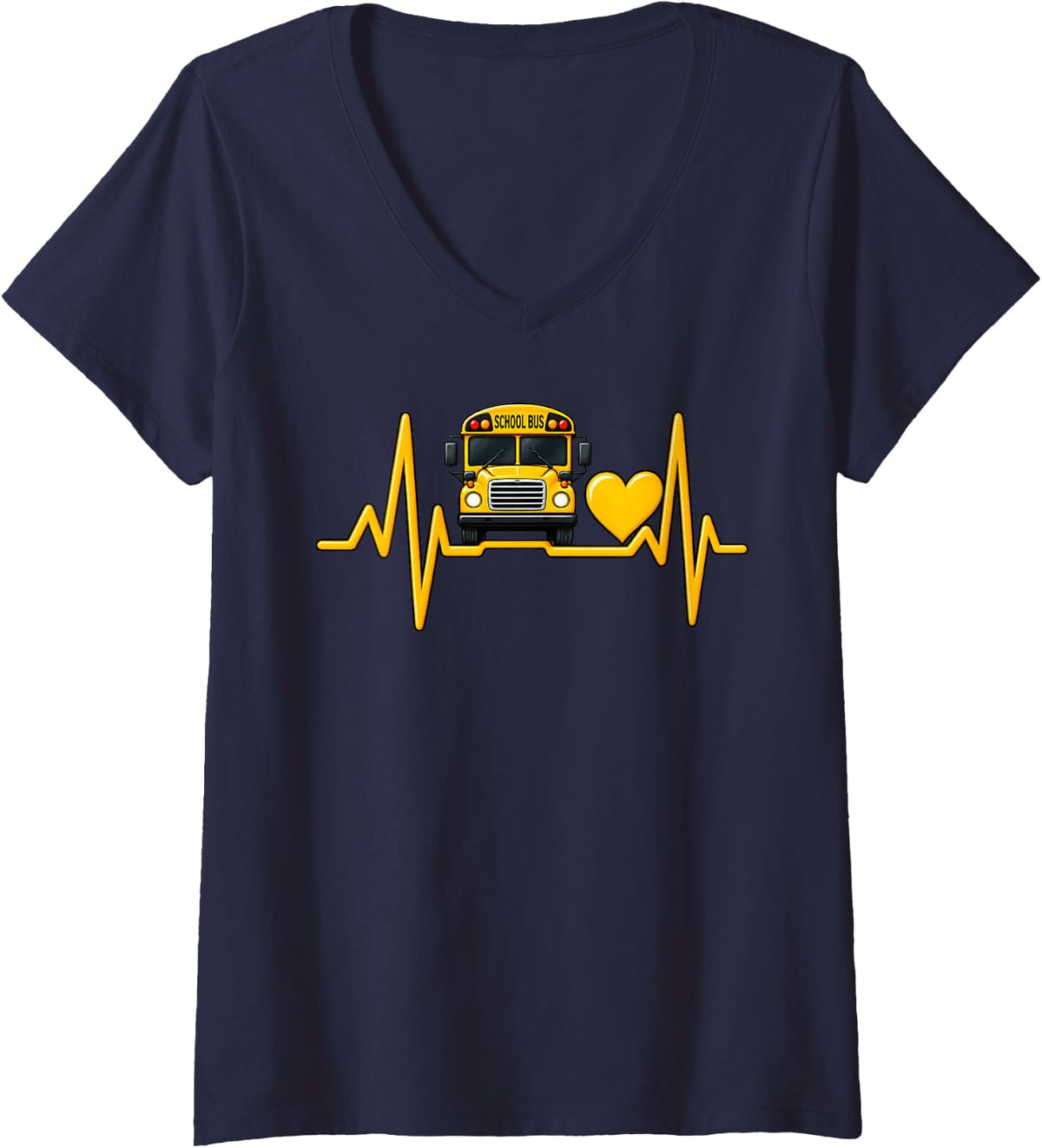 Women's School Bus Heartbeat V-Neck T-Shirt - Navy Blue
