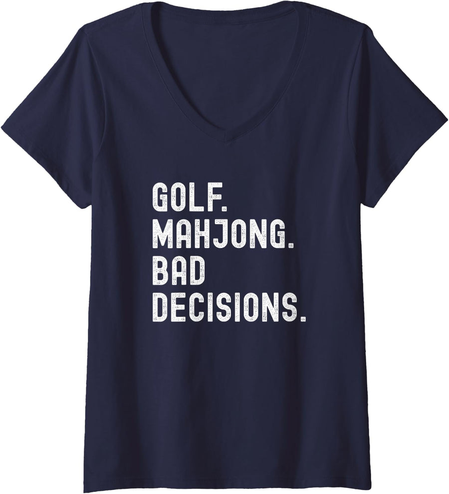 Women's Golf Mahjong Bad Decisions Funny V-Neck T-Shirt - Navy Blue