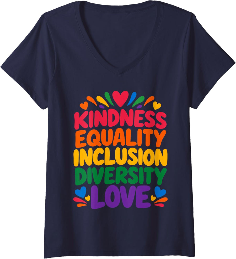 Women's Kindness Equality Inclusion Diversity Love V-Neck T-Shirt - Navy Blue