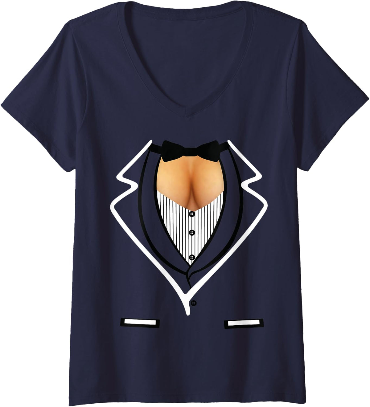Womens Funny Ladies Cleavage Tuxedo T-shirt Formal Party V-Neck T-Shirt - Navy Blue