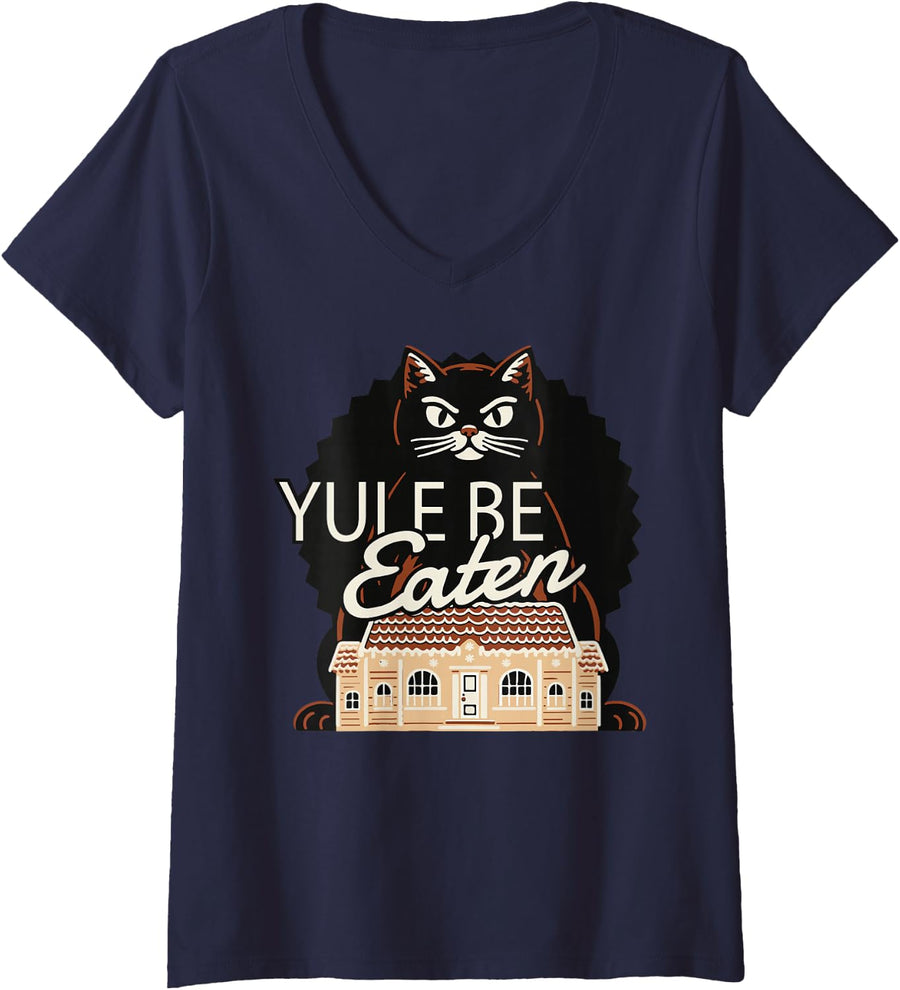 Women's Yule Be Eaten Funny Christmas Cat Gingerbread Cottage Kitty V-Neck T-Shirt - Navy Blue